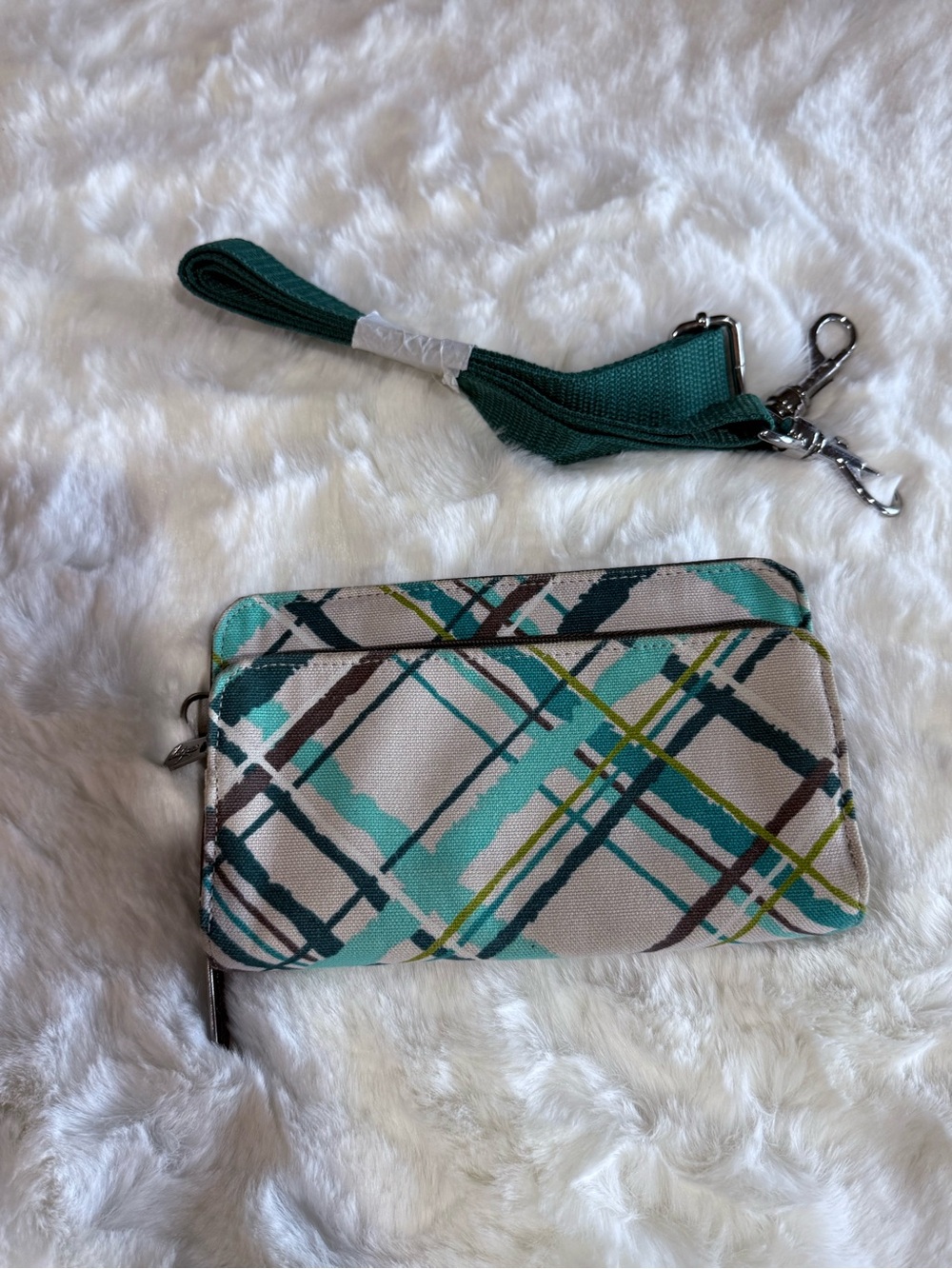 Thirty One Canvas Plaid Wristlet Wallet in Teal and Cream